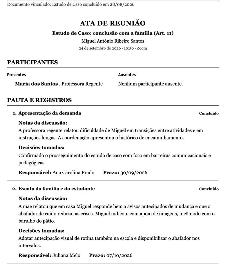 Ata de reunião gerada pelo Trylha PEI, com participantes, pauta, notas da discussão, decisões tomadas, responsáveis e prazos.