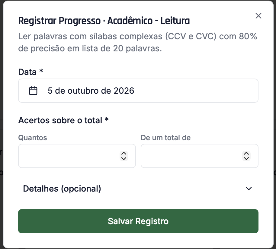 Tela de registro de progresso do Trylha PEI, com a data preenchida, dois campos para informar os acertos sobre o total e os detalhes opcionais recolhidos.