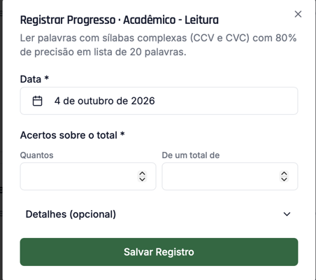 Tela de registro de progresso do Trylha PEI, com a data preenchida e dois campos para informar o número de acertos.